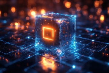 Poster - Futuristic glowing cube in a digital landscape with vibrant lights at night
