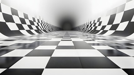 Aufkleber - Abstract Black and White Backgrounds. A 3D rendering of a checkered tunnel creating a striking visual illusion of depth and perspective. Monochromatic design.