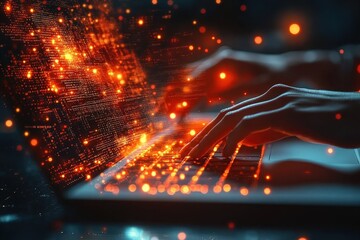 Poster - woman's hands swiftly typing on a sleek laptop with dynamic light effects representing digital creat