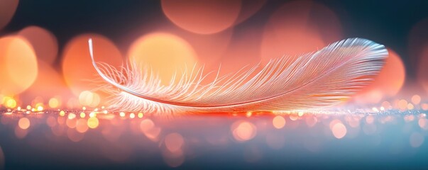 Poster - Feather abstract background concept. A delicate white feather resting on a shimmering surface, evoking serenity and beauty.
