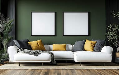 Modern living room interior design, green wall, white sofa, two frames.