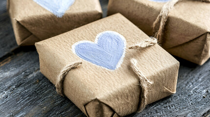 Poster - Three neatly wrapped packages with heart designs are tied with twine, resting on a rustic wooden surface.