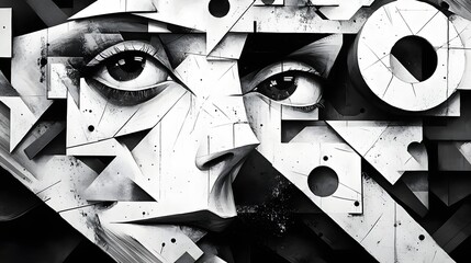 Aufkleber - Abstract Black and White Backgrounds. Geometric abstract portrait, monochrome grayscale image featuring a face. Intense, enigmatic, artistic design.