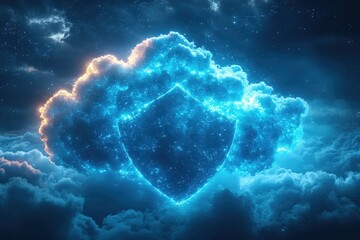 Poster - Bright blue shield made of clouds in a cosmic space with stars illuminating the sky at night