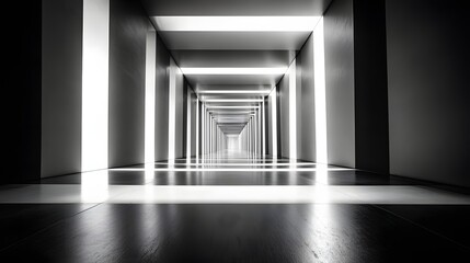 Poster - Abstract Black and White Backgrounds. A long corridor with a pattern of lights and shadows creating a sense of depth and mystery. Black and white photography creates a stark contrast.