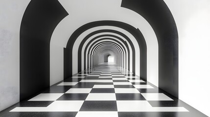 Poster - Abstract Black and White Backgrounds. A digital rendering of an endless hallway with black and white arches and a checkered floor, creating a striking optical illusion.