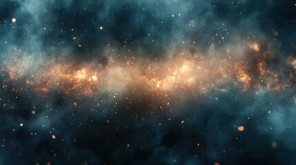 Poster - Dramatic Background with Swirling Smoke, Colorful Clouds, and Particles Emanating from a Fiery Source in Cosmic Space Atmosphere