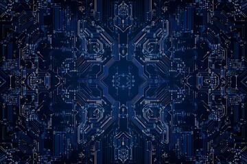 abstract close-up of a glowing blue digital circuit board, showcasing intricate connections and tech