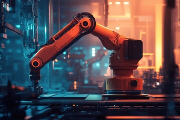 Poster - Robotic arm working in a modern industrial setting during an evening shift