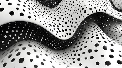 Poster - Abstract Black and White Backgrounds. Abstract monochrome 3D render of undulating waves with circular perforations. Black and white contrast.