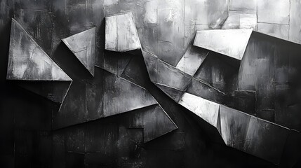 Poster - Abstract Black and White Backgrounds. Dramatic grayscale image featuring abstract geometric metal shapes creating a textured wall art piece.