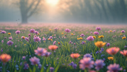 pink and yellow wildflowers blooming in misty meadow at sunrise