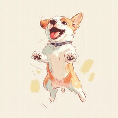 Poster - Joyful puppy jumping in happiness with a bright expression against a soft background filled with playful colors. Generative AI