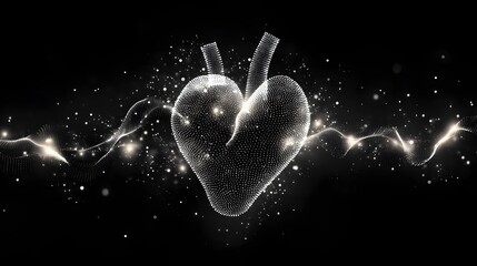 Aufkleber - Abstract Black and White Backgrounds. Abstract digital art depicting a human heart. Sparkling particles and waves create a dynamic visual.