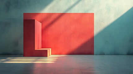 Poster - Modern minimalist interior design featuring red and teal colors, sunlight, and geometric shapes. Abstract Minimalist Red and Teal Interior Design with Sunlight