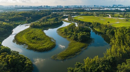 Wall Mural - Serene Aerial View of a Lush Green River Winding Through a Tranquil Landscape