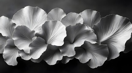 Poster - Abstract Black and White Backgrounds. A captivating grayscale image showcasing the delicate beauty of overlapping flower petals. The sense of serenity and elegance