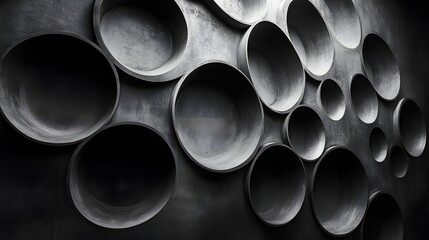 Poster - Abstract Black and White Backgrounds. Abstract monochrome image of a concrete wall with various sized circular recesses. The texture and shadows create depth.