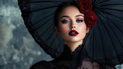 Elegant woman with black umbrella and red roses. Generative AI