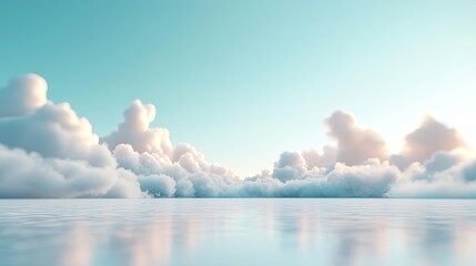Poster - Minimal skies concept. Serene sky with fluffy clouds above a calm reflective sea offering peaceful vibes.