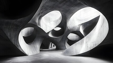 Poster - Abstract Black and White Backgrounds. Black and white photo showcasing abstract architectural design with a focus on concrete curves and shadows.