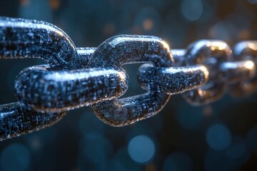 Poster - Close-up view of a digital chain link symbolizing connectivity and blockchain technology at night