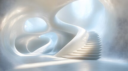 Poster - Abstract Black and White Backgrounds. A surreal, white, organic architectural staircase design. Clean lines and soft curves create a calm and peaceful atmosphere.