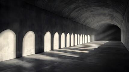 Poster - Abstract Black and White Backgrounds. A long, arched corridor bathed in dramatic light and shadow. The grayscale palette emphasizes the architectural details.