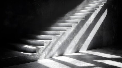Poster - Abstract Black and White Backgrounds. Sunbeams illuminate a stairway's stone steps, creating striking contrasts of light and shadow.