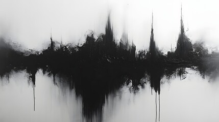 Poster - Abstract Black and White Backgrounds. A grayscale abstract painting depicting a city reflected in water. The dark city silhouette contrasts with the light background, evoking a sense of calm.
