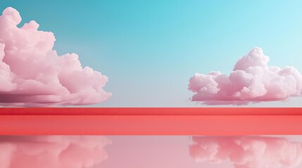 Poster - Minimal skies concept. Tranquil seascape with vibrant pink clouds reflecting on serene water during sunset.