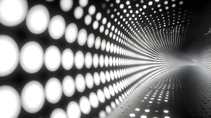 Poster - Abstract Black and White Backgrounds. A captivating digital art piece featuring a tunnel of white dots on a black background. The dots create a mesmerizing effect, futuristic setting.