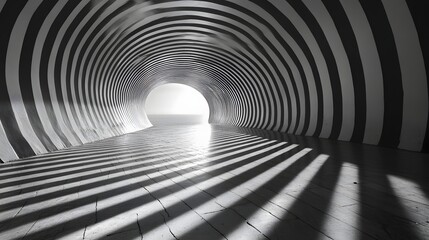 Poster - Abstract Black and White Backgrounds. A mesmerizing black and white tunnel with hypnotic stripes leading to a bright exit. An illustration of abstract design and architecture.