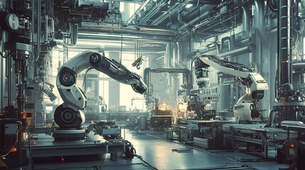 Poster - futuristic factory interior with advanced robotic arms and machines