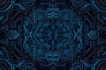 abstract close-up of a glowing blue digital circuit board, showcasing intricate connections and tech
