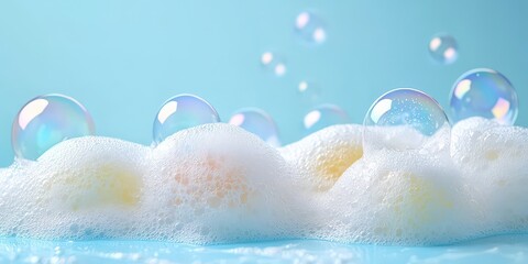 Poster - Close-up of Bright Soap Foam and Colorful Bubbles on a Light Blue Background, Perfect for Personal Care and Cleaning Concepts