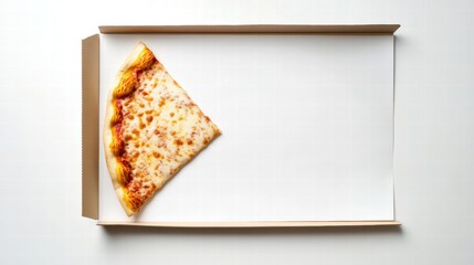 Poster - Small piece of cheese pizza on a pristine white sheet in an empty pizza box. Generative AI