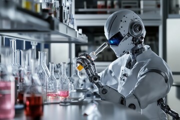 Poster - Robot conducts experiments in a modern laboratory with colorful liquids