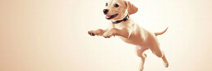 Poster - Joyful puppy jumping in a playful pose against a soft background during a sunny afternoon. Generative AI