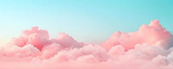 Poster - Minimal skies concept. A serene sky filled with fluffy pink clouds against a soft blue background.