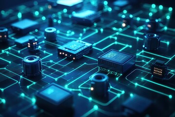 Poster - electronics circuit board with glowing components and intricate connections at a close range