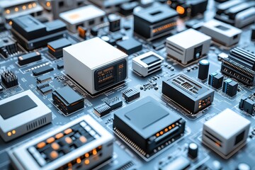 Poster - Close-up view of a circuit board with various microchips and components in an electronic setup