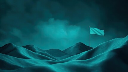 Poster - Minimal skies idea. A surreal landscape with abstract waves and a flag amidst a moody teal atmosphere.
