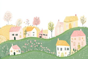 Aufkleber - Charming whimsical doodle of colorful houses on rolling hills with trees and flowers in a serene landscape. Generative AI