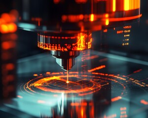 Poster - Close-up of a high-tech laser engraving machine in action, showcasing intricate designs and glowing patterns. Perfect for illustrating modern manufacturing and innovation.