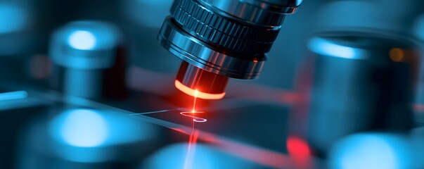 Poster - close-up of a laser microscope focusing on a sample, showcasing advanced technology in scientific re