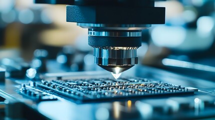 Poster - Close-up view of a high-tech microscope focusing on a detailed microchip, showcasing the intricate patterns and connections essential for modern electronic devices.