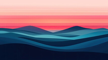 Poster - Minimal skies idea. A serene abstract landscape with layered waves and a vibrant gradient sky.