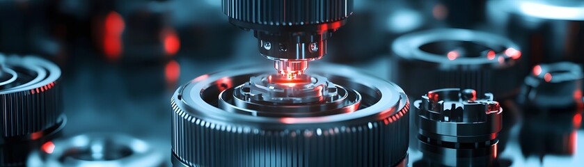Poster - Close-up view of advanced mechanical components with intricate designs, showcasing the beauty of precision engineering in a modern technological environment.