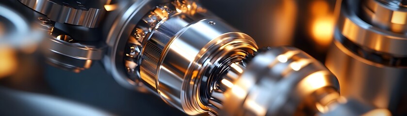 Poster - Close-up view of metallic machinery components highlighting precision engineering and technology. Perfect for illustrating industrial processes or mechanical design.